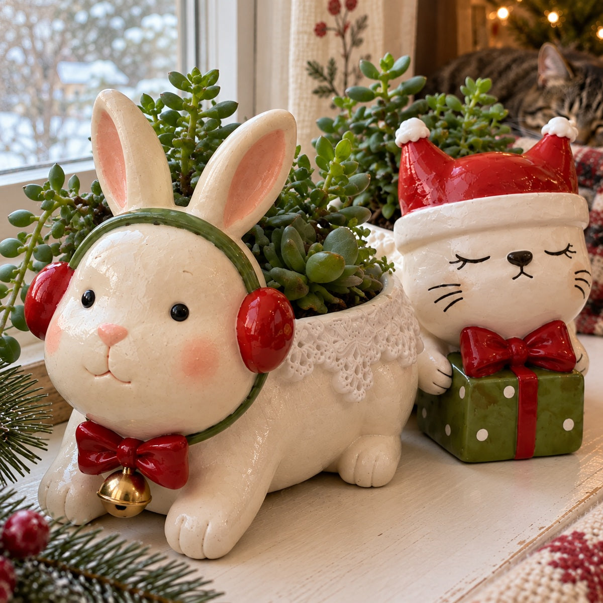 Bunny and kitty planters on a windowsill with a cat nearby
