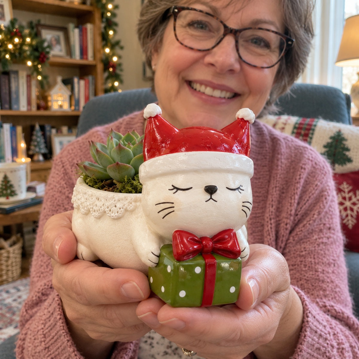 A woman holding the Christmas kitty planter