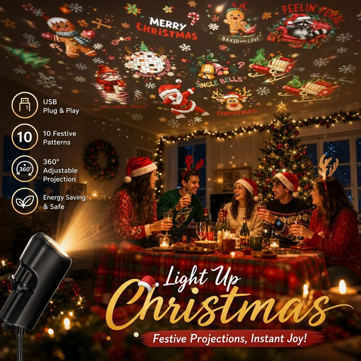 USB Christmas projector lighting a festive room