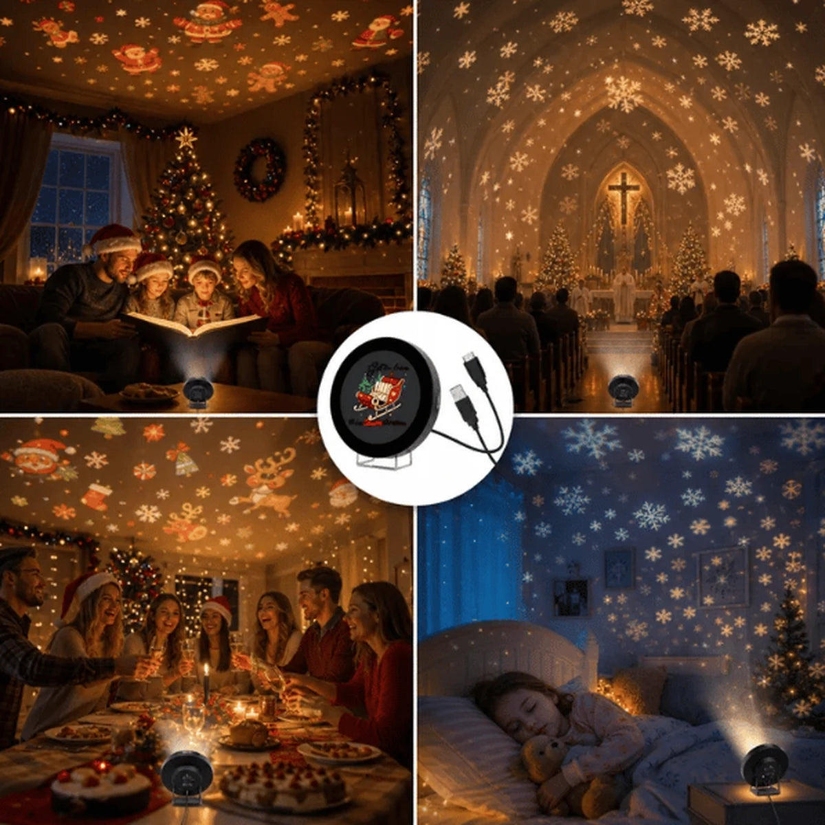 Christmas projector used in different indoor settings