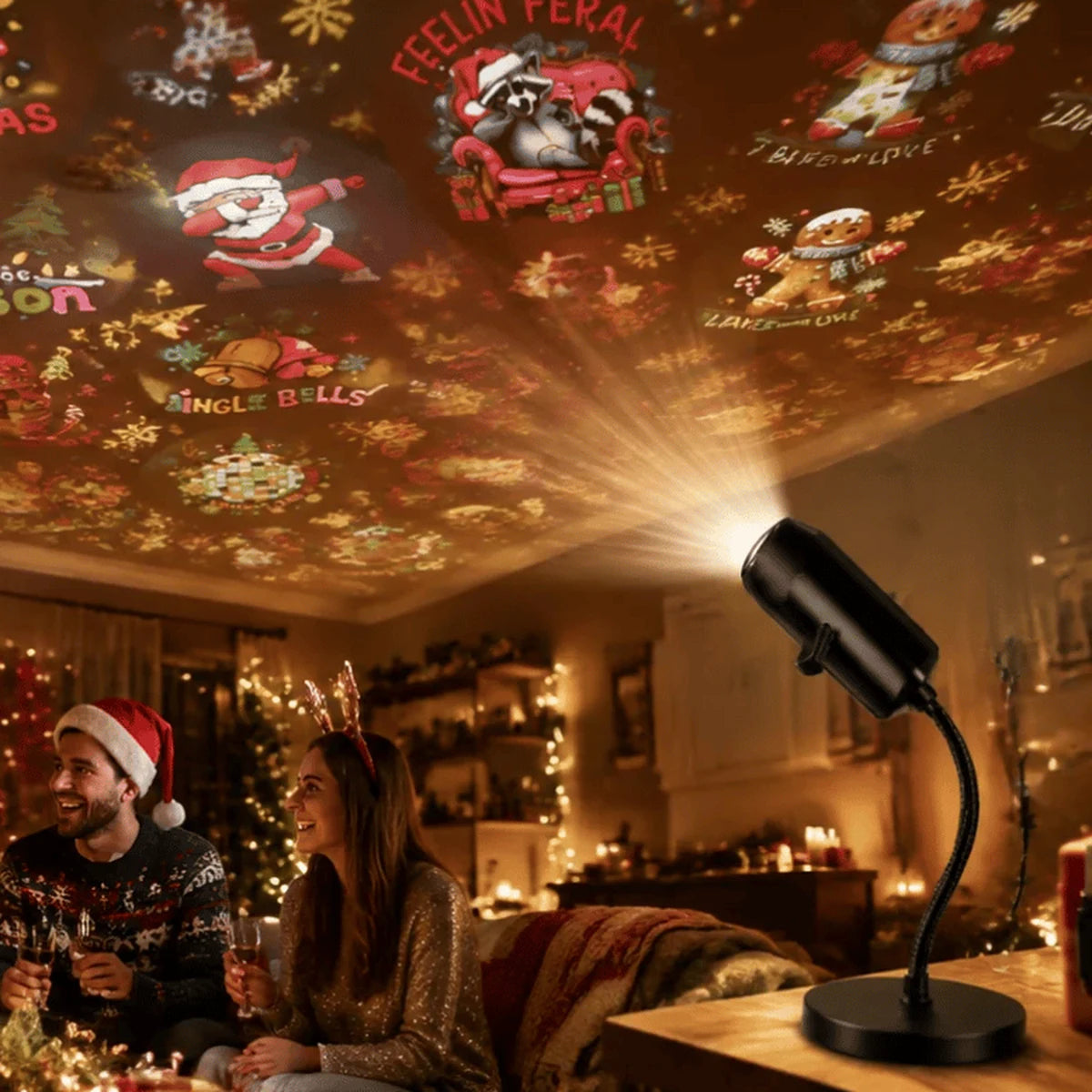 Christmas party room filled with festive projected scenes