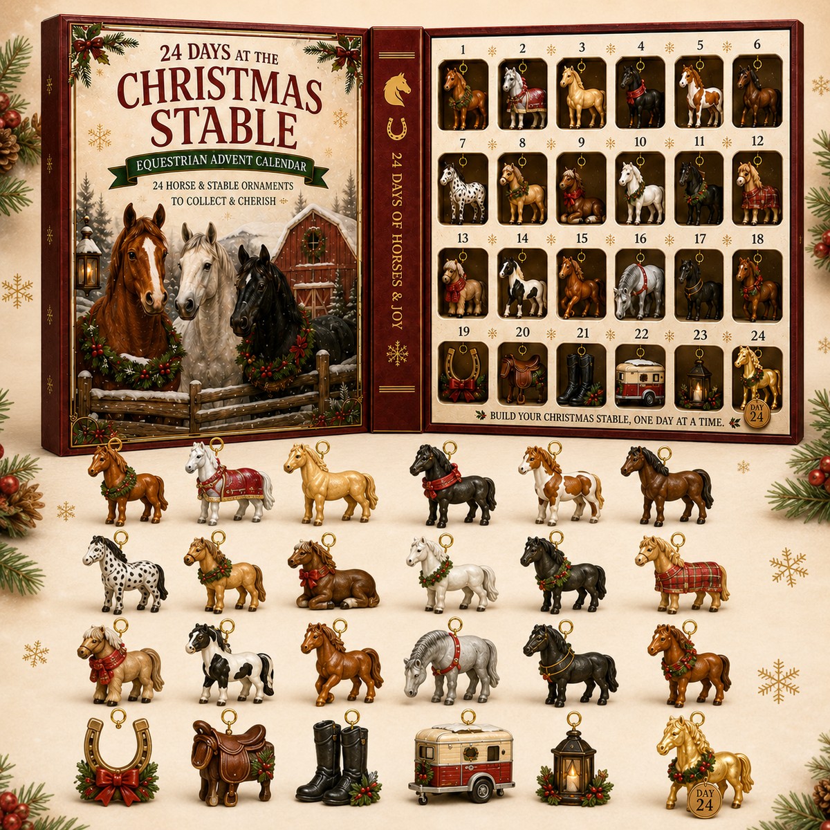 24 collectible horse and stable ornaments