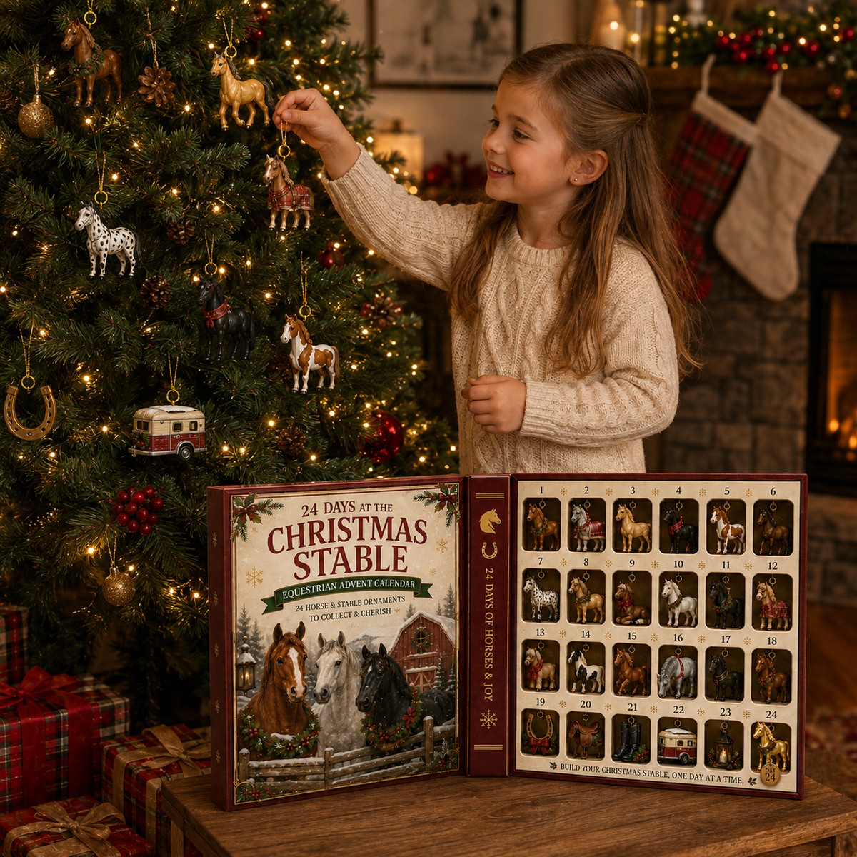 Child hanging horse ornaments on a Christmas tree