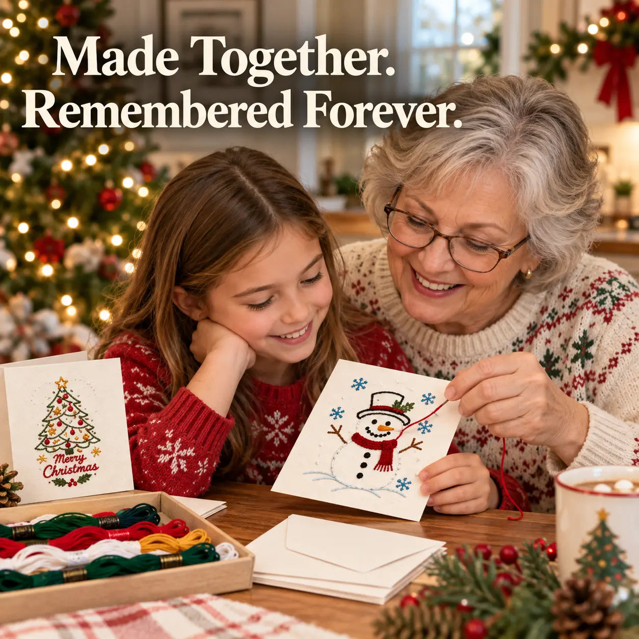 Grandmother and granddaughter making Christmas embroidery cards together