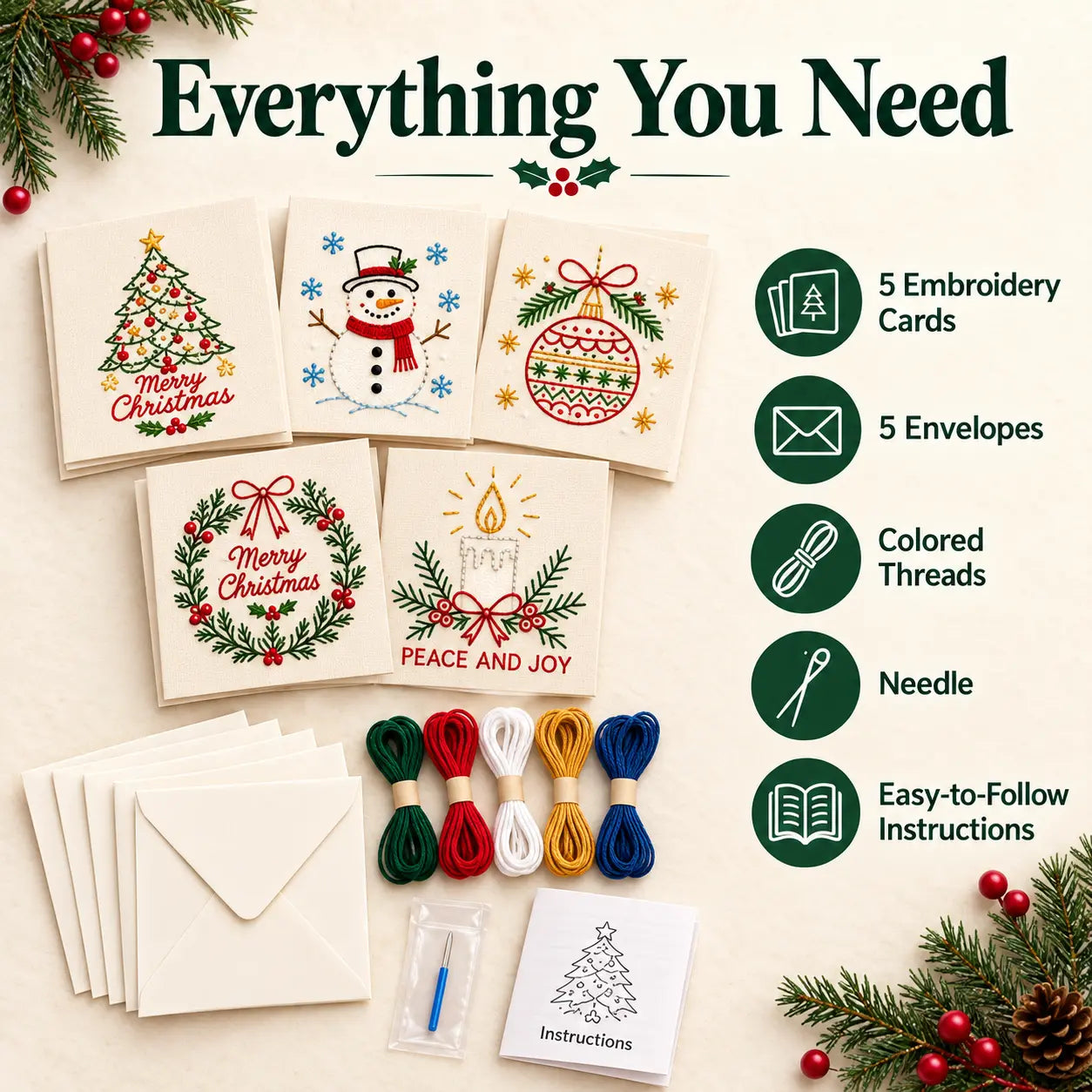 Five Christmas embroidery cards with envelopes, colored threads, needle, and instructions