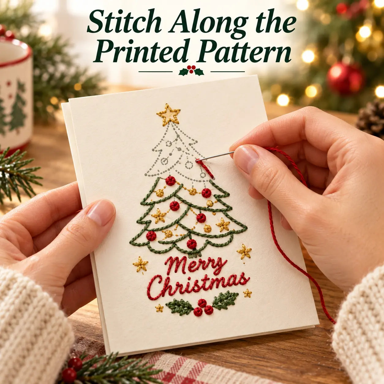 Hands stitching along the printed pattern on a Christmas tree card