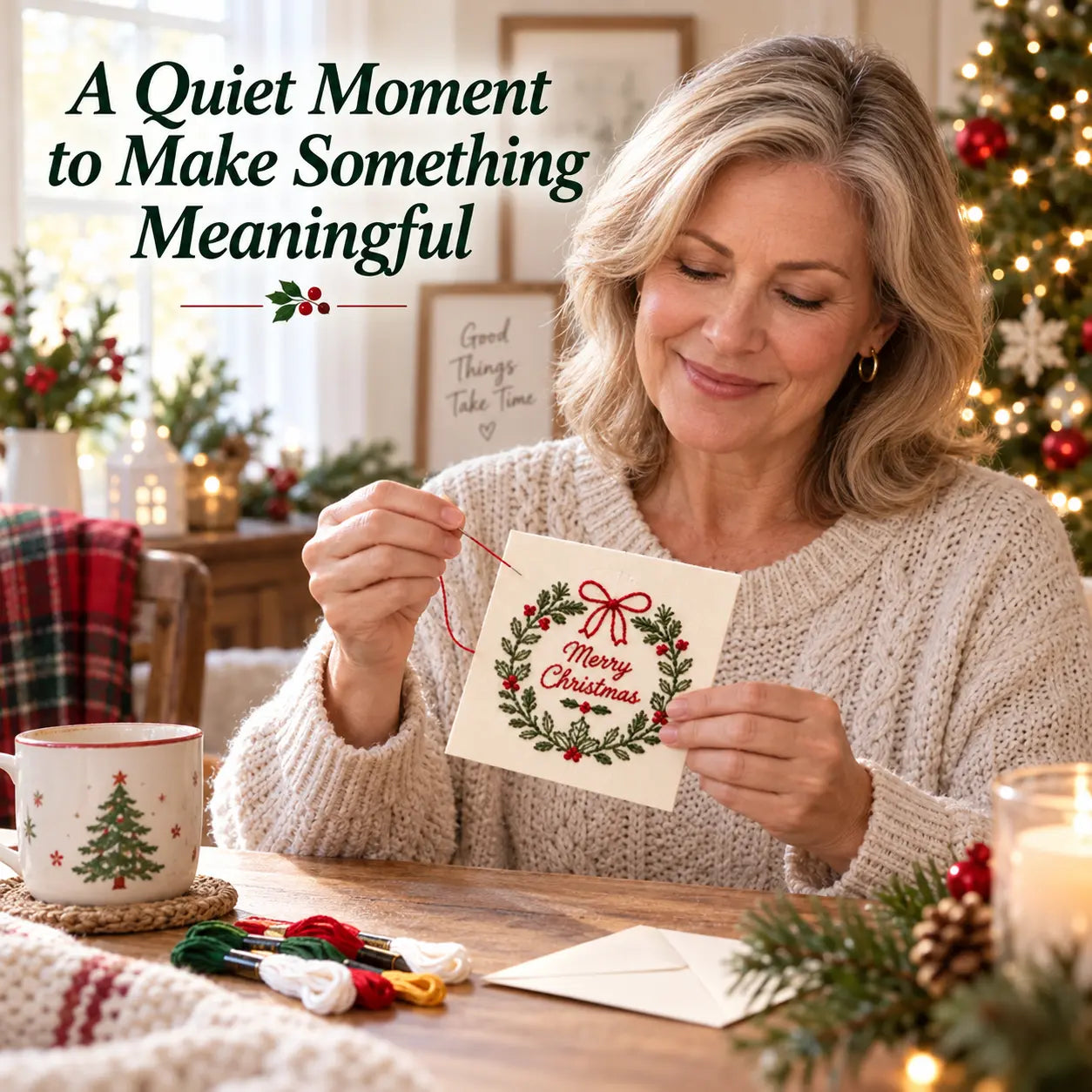 Woman enjoying a quiet moment stitching a Christmas wreath card