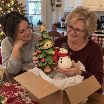 🎄 Christmas Tree & Snowman Figurine – Hand-Painted Rustic Holiday Tabletop Decor for Home & Christmas Gifts ☃️