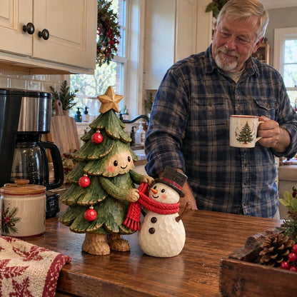 🎄 Christmas Tree & Snowman Figurine – Hand-Painted Rustic Holiday Tabletop Decor for Home & Christmas Gifts ☃️