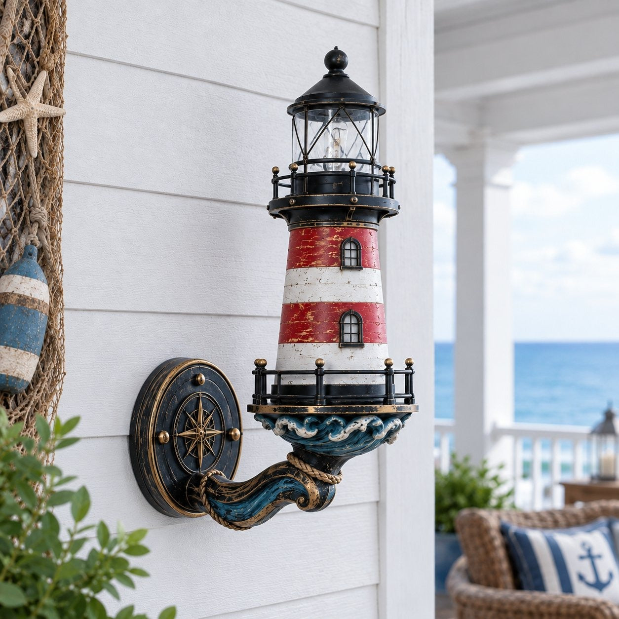 Distressed lighthouse wall sculpture displayed in clear natural daylight