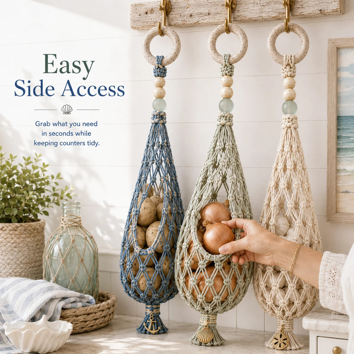 Easy side access on coastal hanging produce organizer