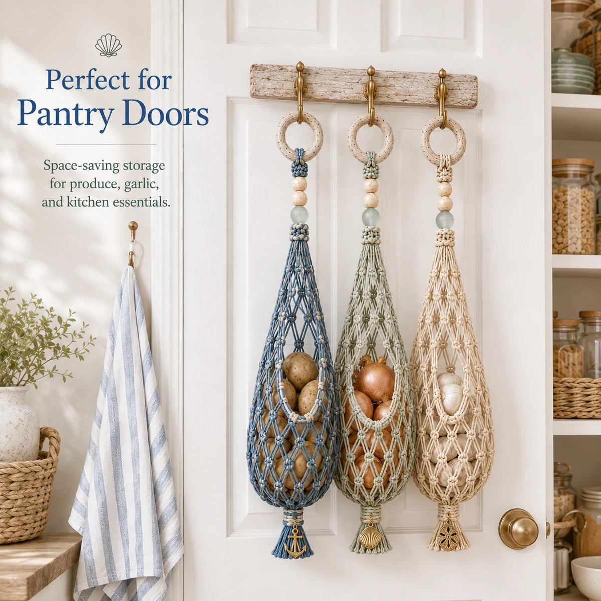 Three macrame produce organizers hanging on a pantry door