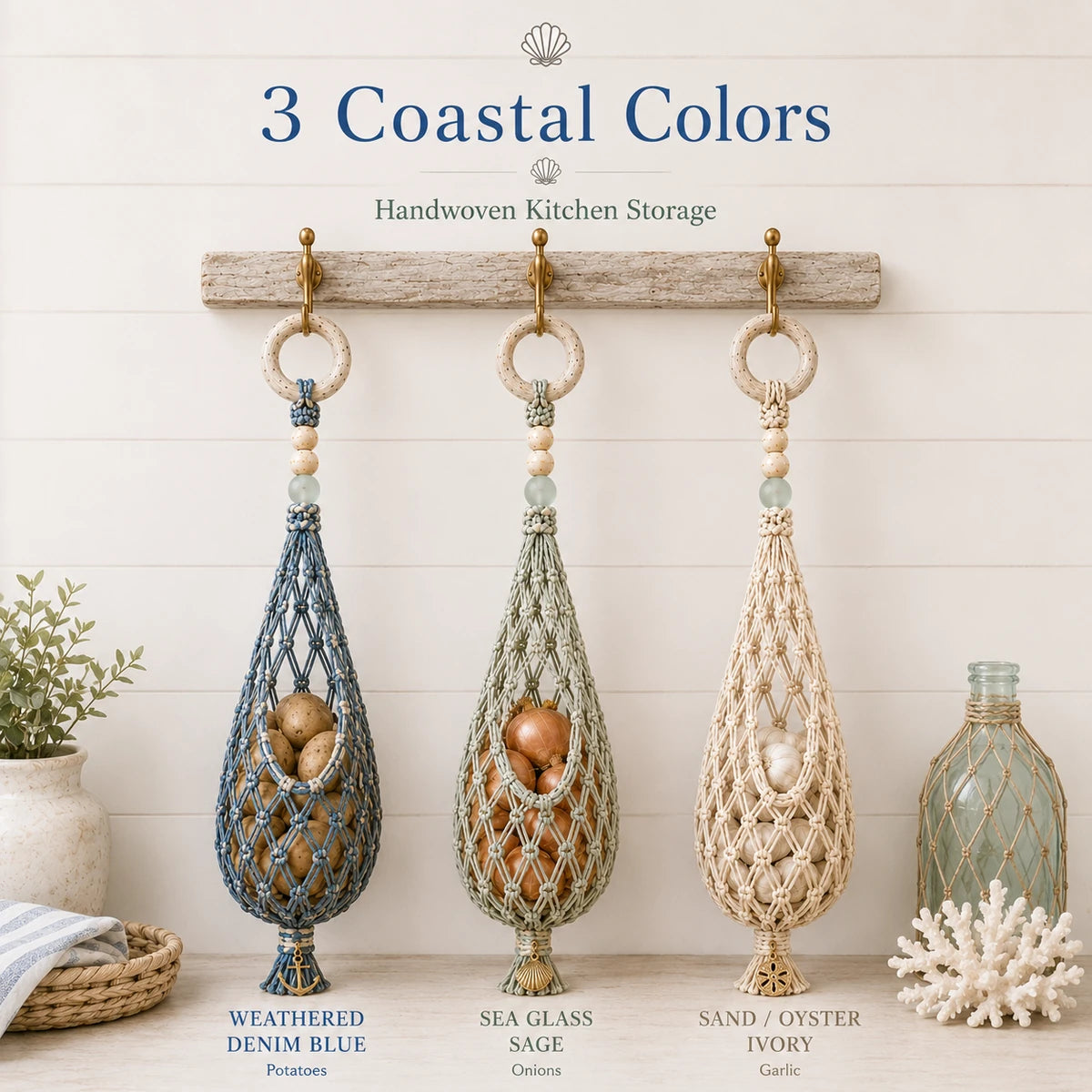 Three coastal color options for hanging produce organizer
