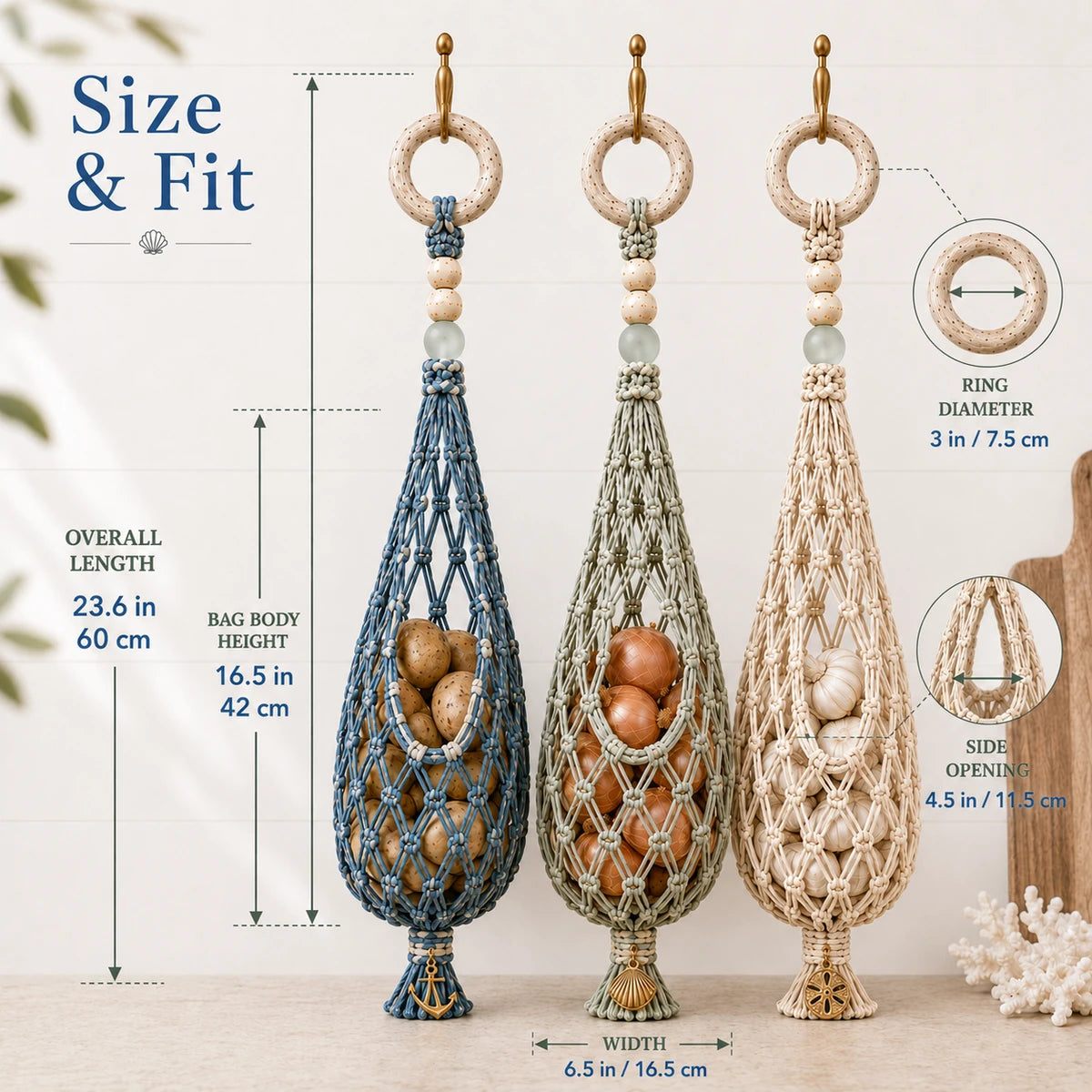 Size and fit measurements for coastal pantry hanging produce organizer