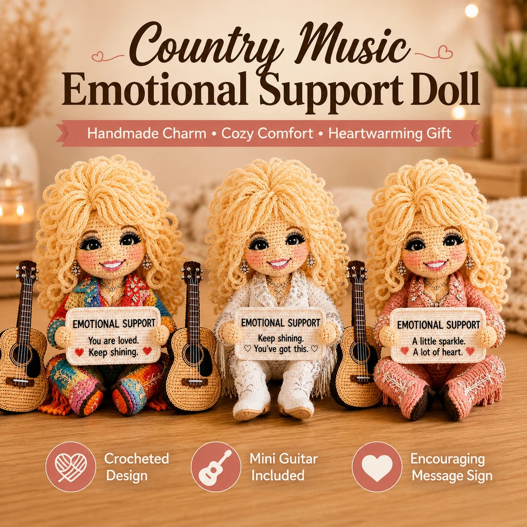 Three country music emotional support doll styles with encouraging message signs