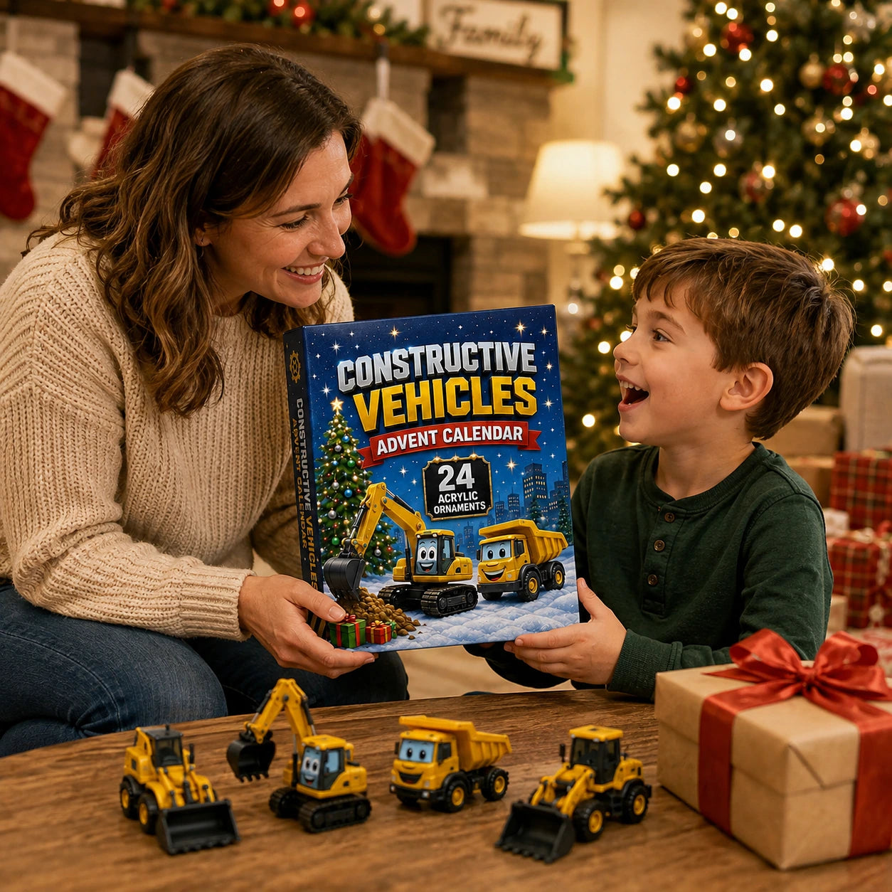 Mom gifting the Constructive Vehicles Advent Calendar to a child
