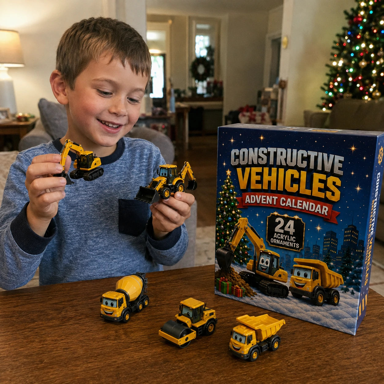 Customer photo of a child holding the Constructive Vehicles Advent Calendar