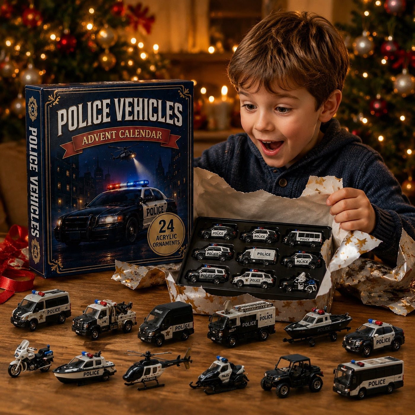 Child discovering Police Vehicles Advent Calendar