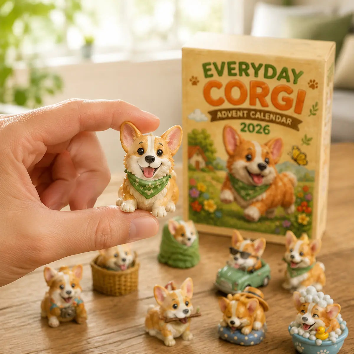Hand holding an Everyday Corgi collectible beside the calendar