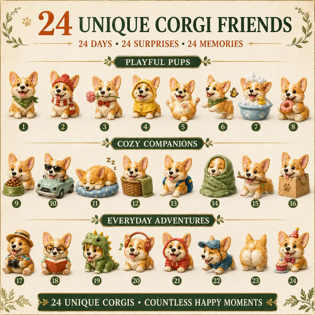 Numbered lineup of all 24 unique Corgi ornaments