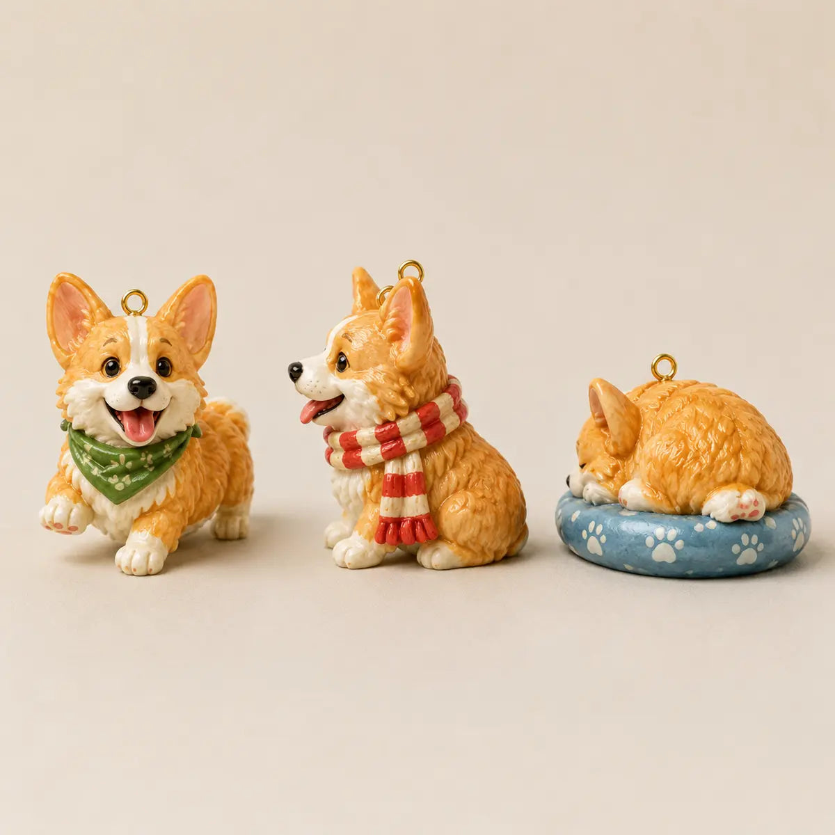 Front, side and back views showing hanging loops on Corgi ornaments
