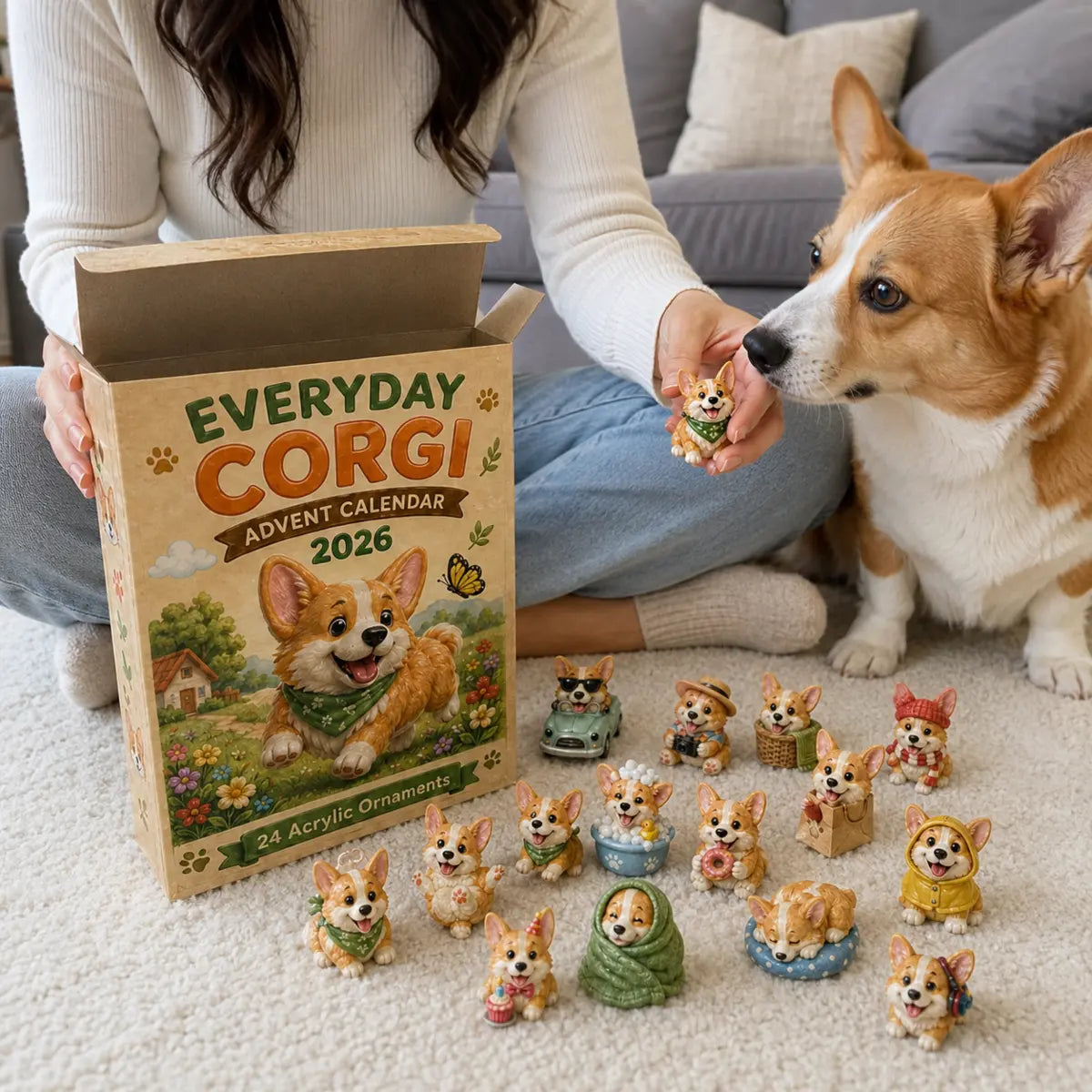 Customer opening the Everyday Corgi calendar beside a real Corgi