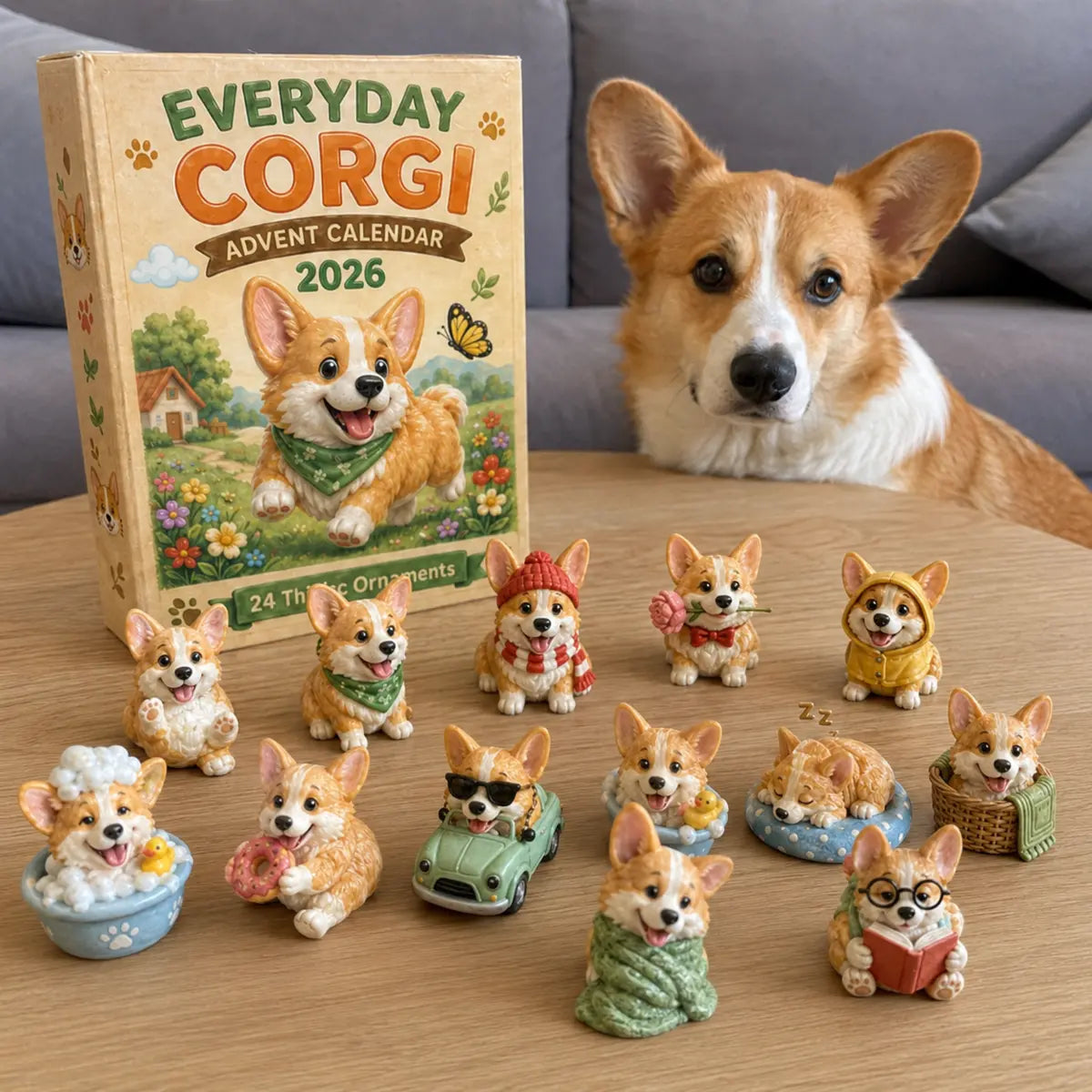 Everyday Corgi collection arranged on a table