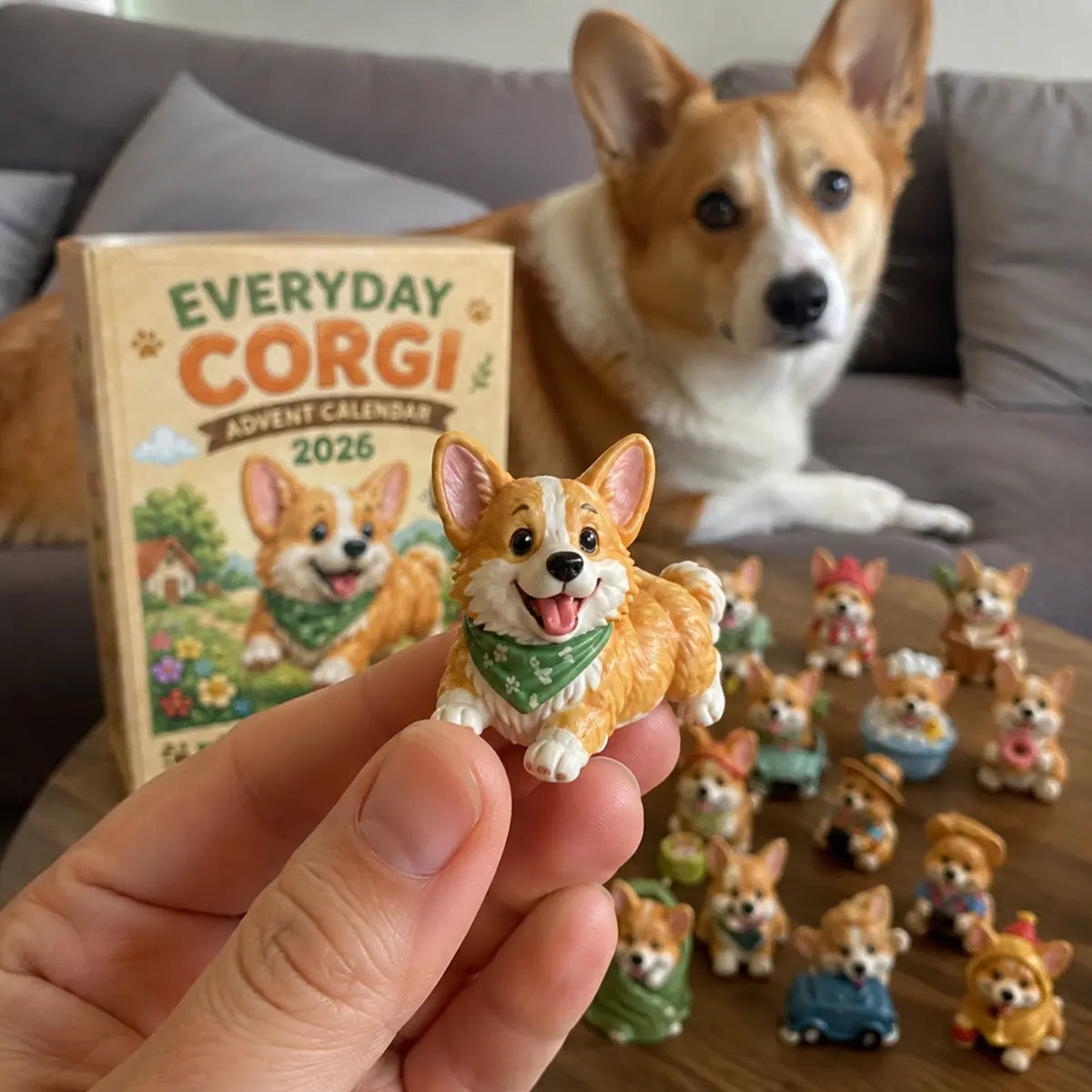 Close-up of an Everyday Corgi ornament held in hand
