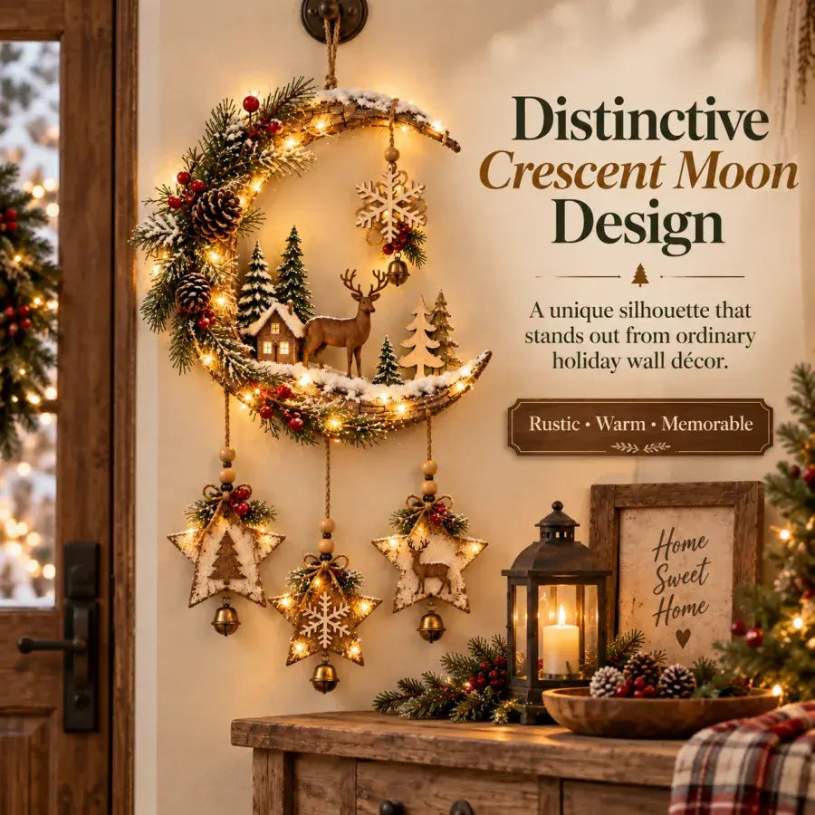 Distinctive crescent moon Christmas wall decoration in a rustic entryway