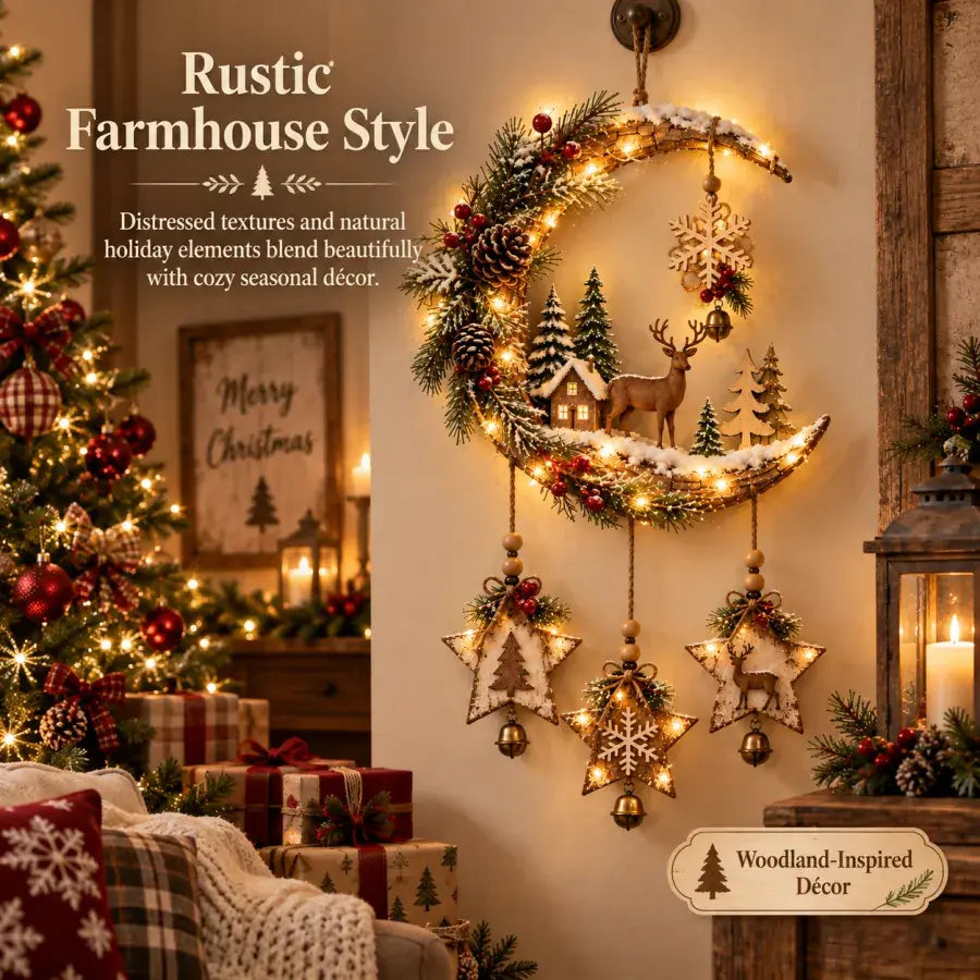 Rustic farmhouse Christmas crescent moon wall decor in a warm living room