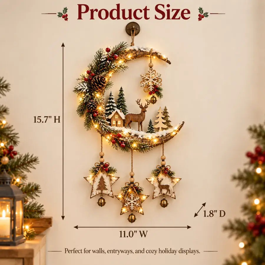 Christmas crescent moon wall decor dimensions: 15.7 inches high, 11 inches wide, and 1.8 inches deep