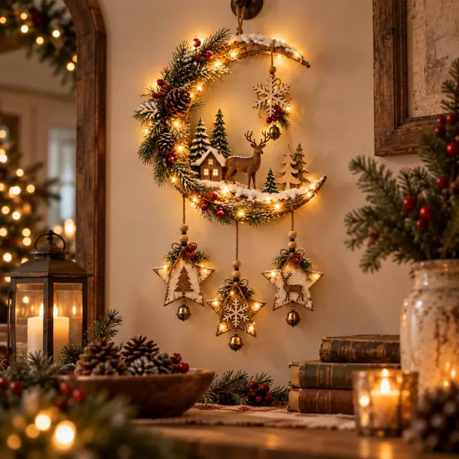 Christmas crescent moon wall decoration styled in a warm entryway