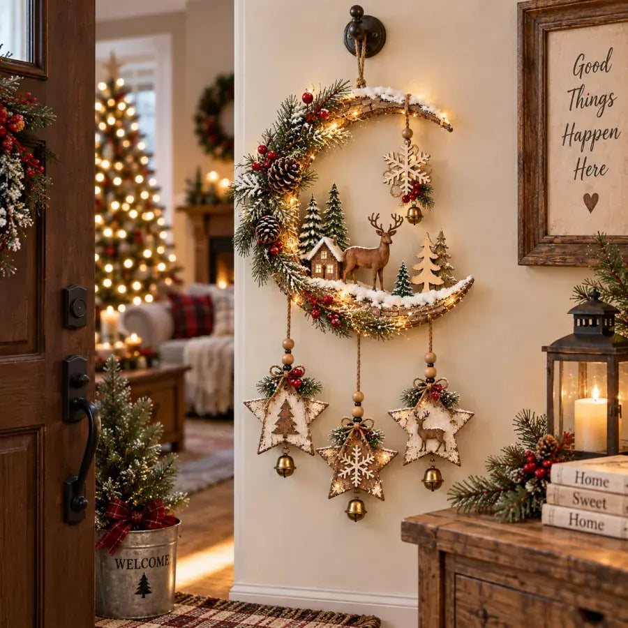 Glowing crescent moon Christmas wall decor in a cozy home setting