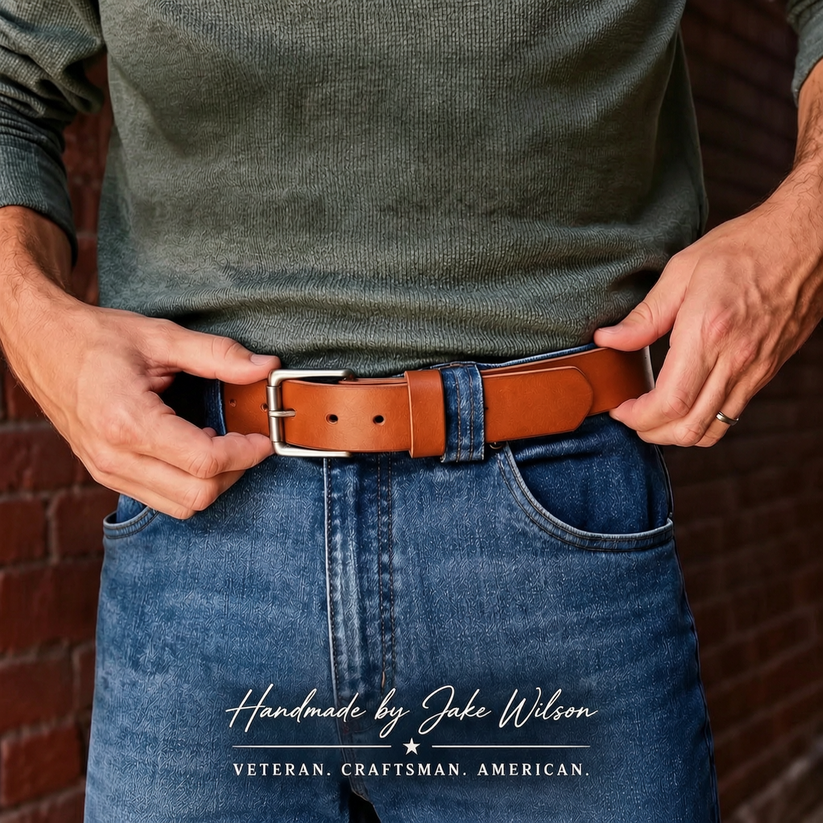 Handcrafted leather belt worn with jeans