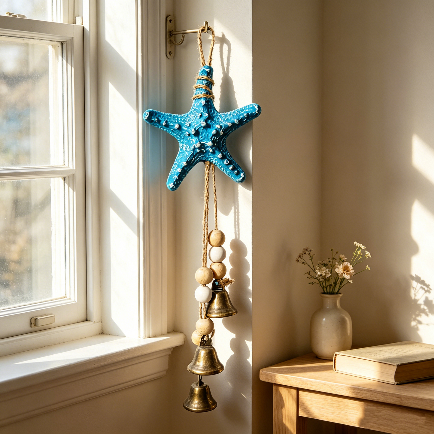 🌊⭐ Seaside Starfish Bell Chime – Rustic Coastal Hanging Decor with Natural Wood Beads