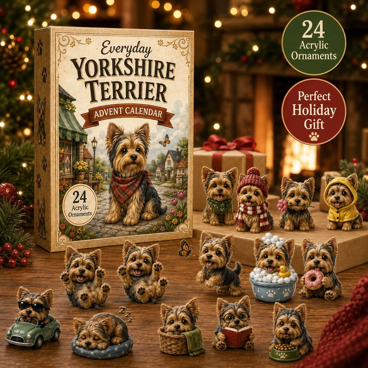 Yorkshire Terrier Advent Calendar – 24 Unique Yorkie Acrylic Ornaments & Daily Christmas Surprises