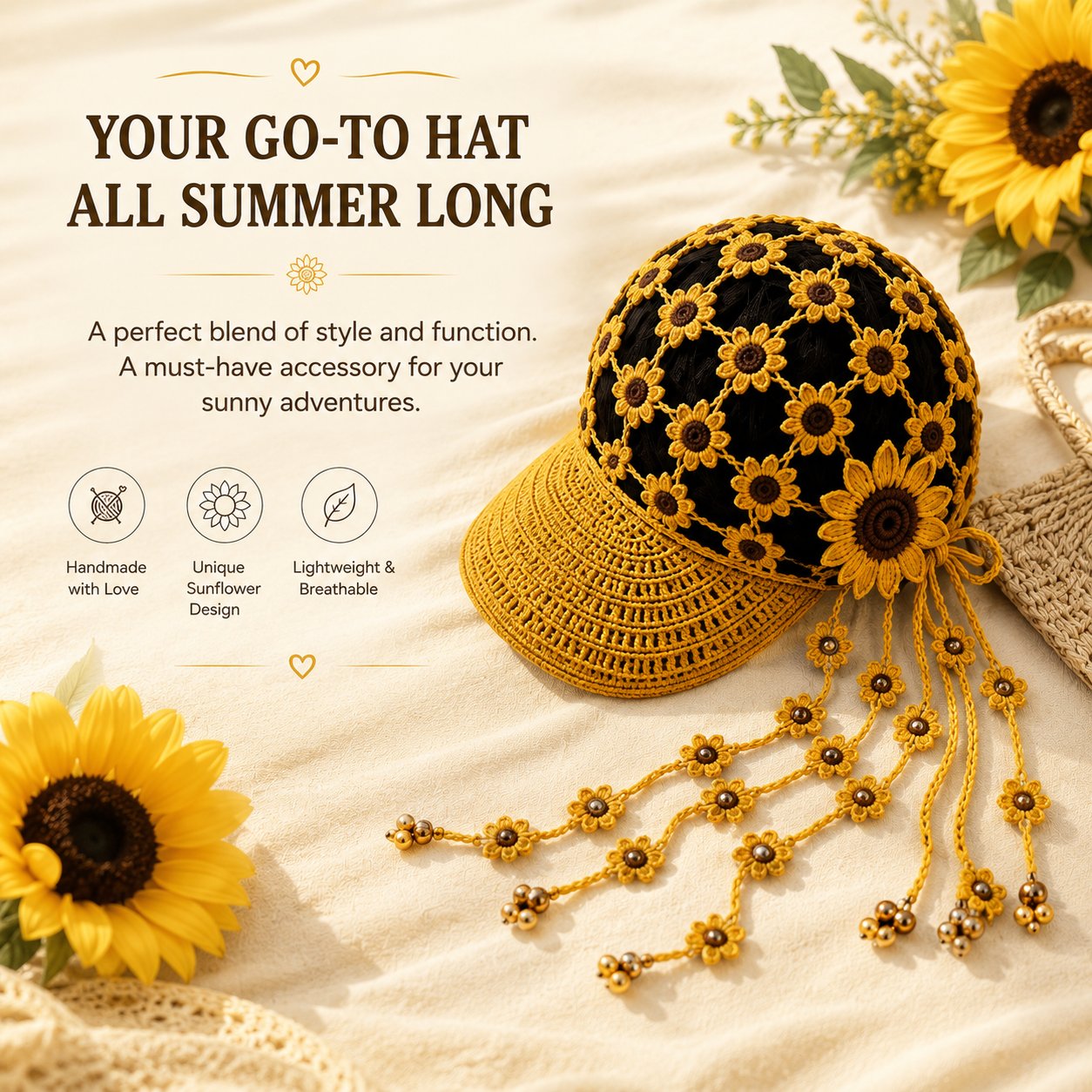🔥Last Day 49% OFF - 🌻Women’s Handmade Crochet Sunflower Baseball Cap – Hollow-Out Boho Summer Sun Hat with Decorative Tassels