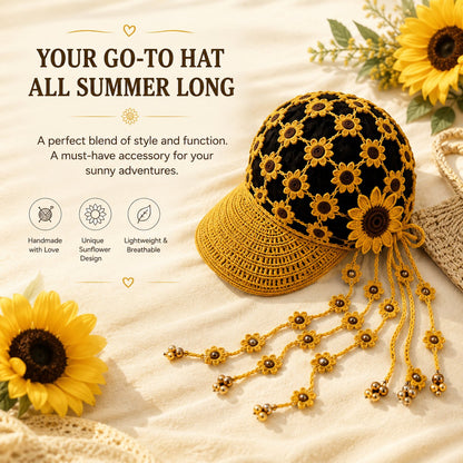 🔥Last Day 49% OFF - 🌻Women’s Handmade Crochet Sunflower Baseball Cap – Hollow-Out Boho Summer Sun Hat with Decorative Tassels