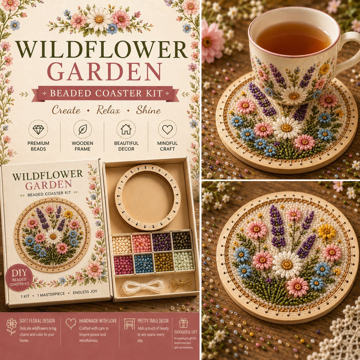 🧵💖 DIY Handmade Floral Beaded Coaster Kit – Relax, Create & Decorate Your Home