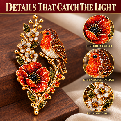 🐦🌸Robin & Poppy Crystal‑Encrusted Vintage Brooch 🐦🌸