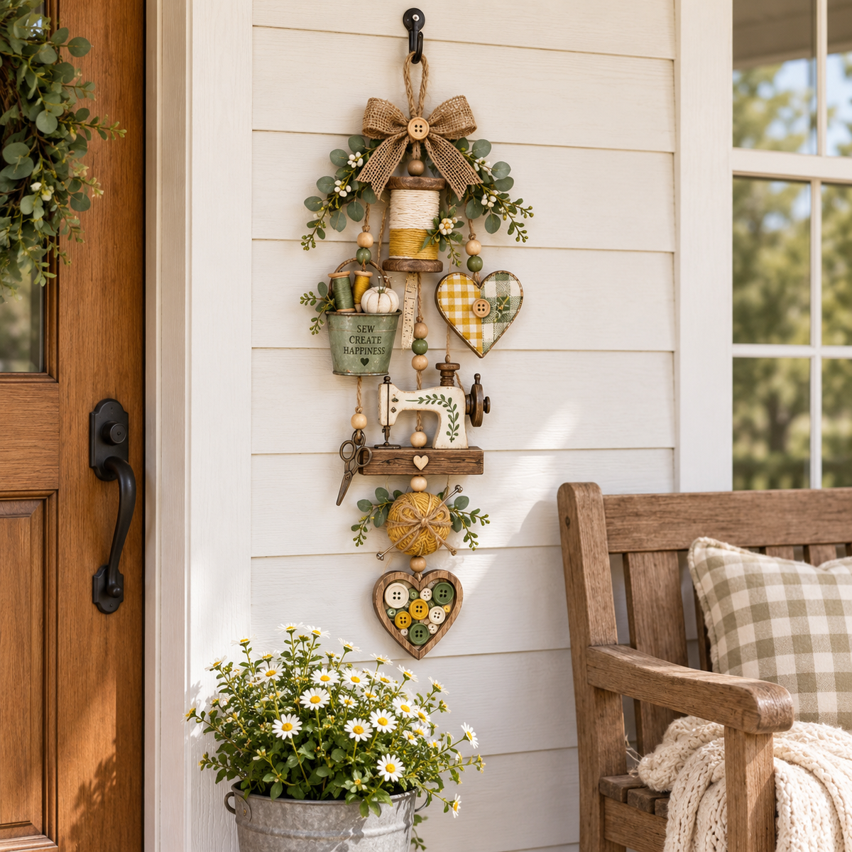 🧵✨ Rustic Wooden Sewing - Themed Hanging Ornament with Remote Control Fairy Lights