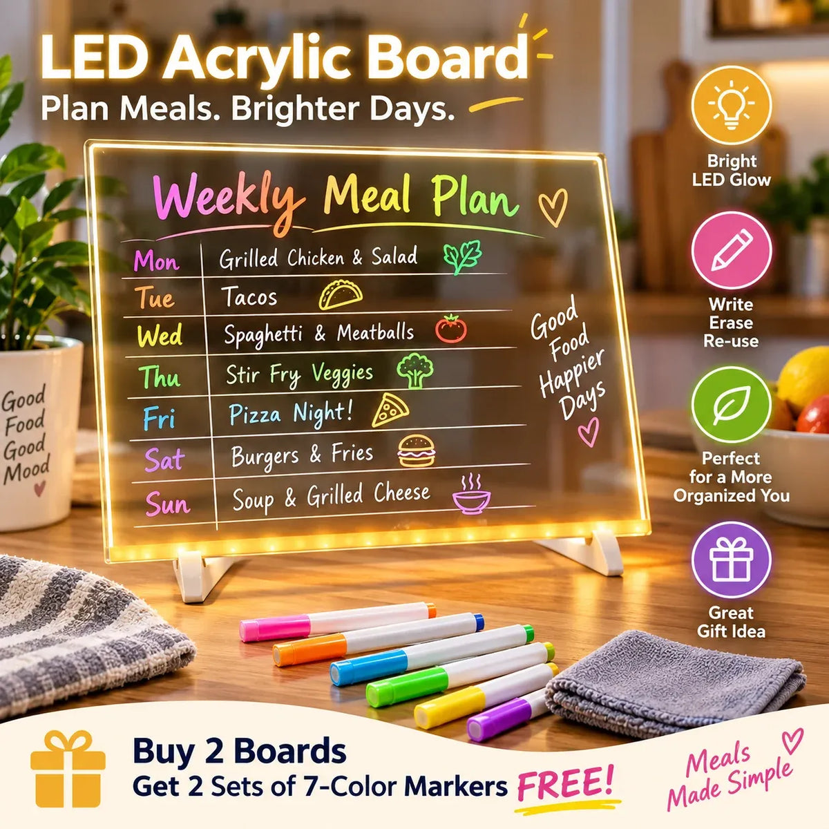 Creative Rewritable Acrylic LED Message Board 🎨 (set come with 7 Pens)