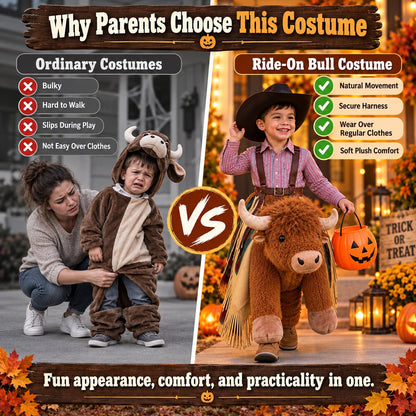 Plush Bull Rider Ride‑On Kids Costume, Adjustable Harness Toddler Halloween Outfit