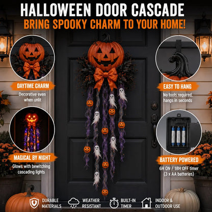 👻🎃 Spooky Glow Door Cascade – Lighted Halloween Pumpkin & Ghost Entry Decor