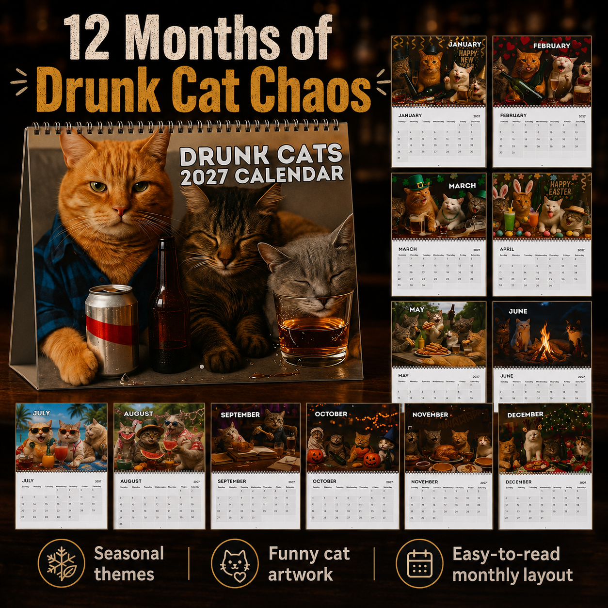 🔥Last Day 50% OFF 🍺🐱Drunk Cats 2027 Calendar