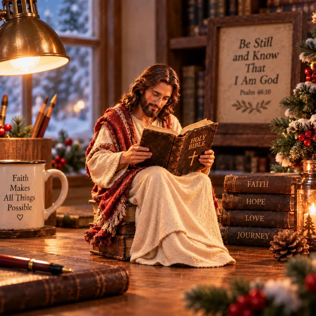✝️ Keep Faith Close – Jesus Reading the Bible Figurine