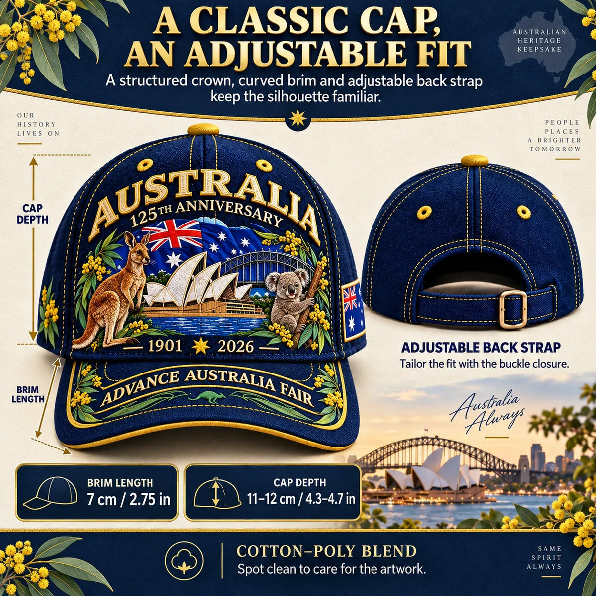 💝LAST DAY 49% OFF - 🦘 Australia 125th Anniversary 1901–2026 – Premium Embroidered Heritage Cap | Cotton-Poly Blend • Detailed Embroidery • Adjustable Fit 🇦🇺