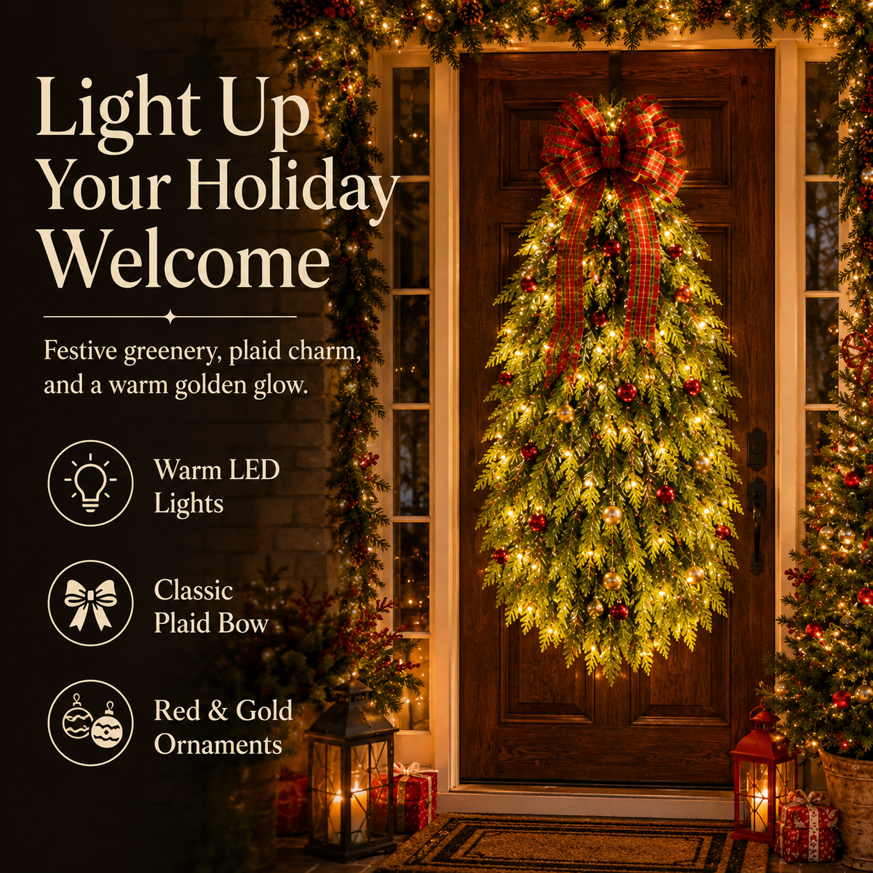 Lighted Christmas tree wreath on a snowy winter front porch