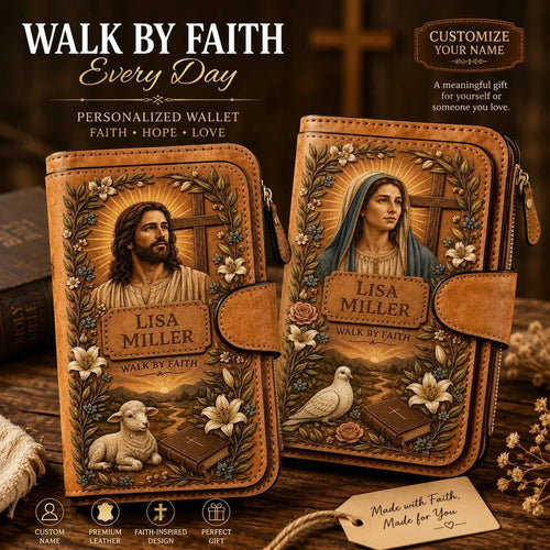'Walk By Faith' Vintage Leather Clutch Wallet 🕊️ | Jesus & Mary Editions