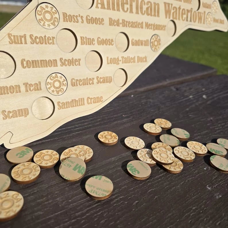 American Waterfowl Challenge Wooden Map 🦆 – Engraved 41 Species Duck Hunting Wall Decor & Harvest Tracker